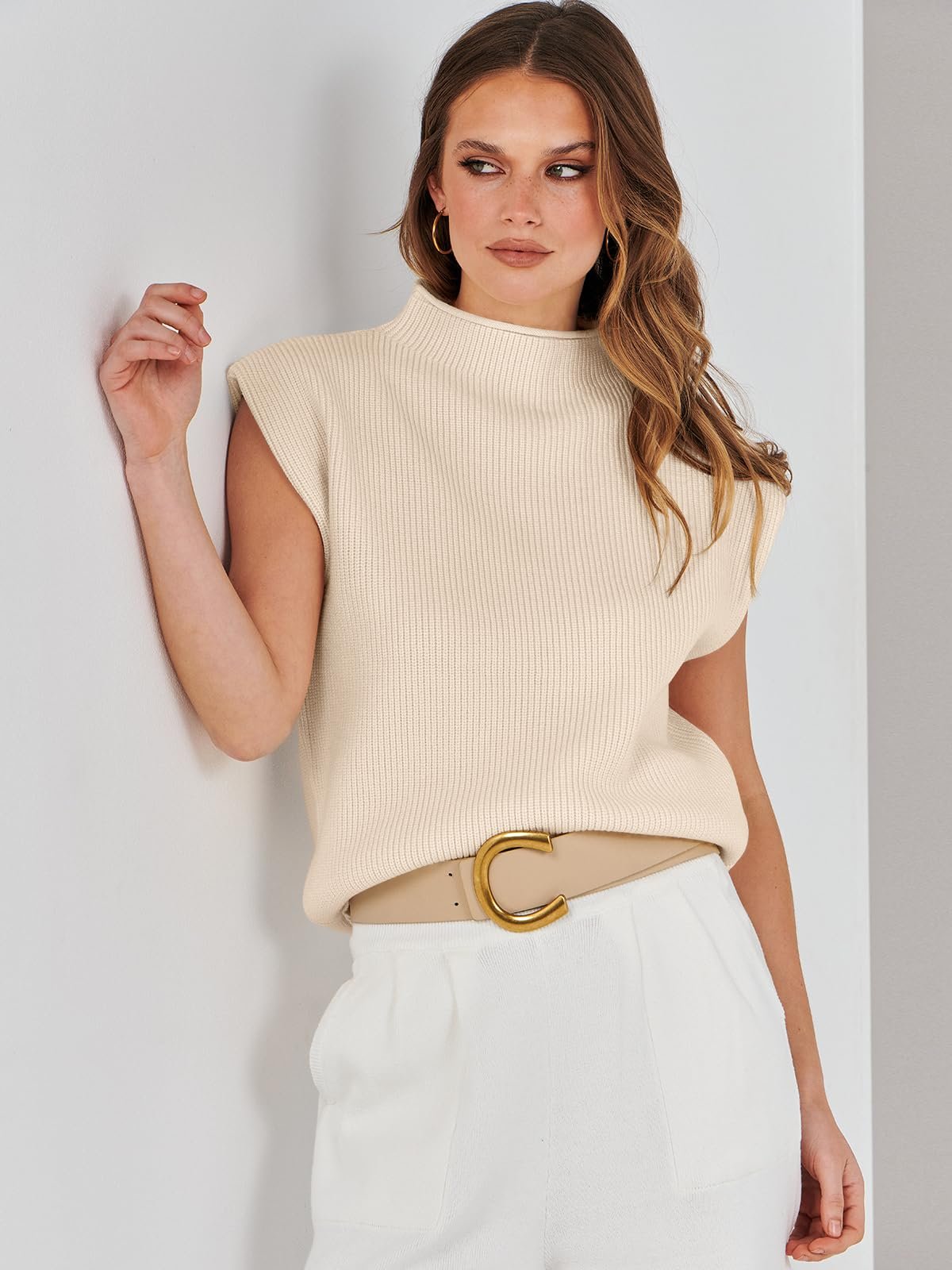 Women's Sublimation Mock Neck Sleeveless Sweater Vest Casual Cap Sleeve Knit Pullover Women Trendy Ribbed Outwear