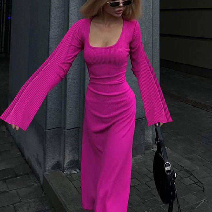 Autumn Women Clothing Casual Slim Fit Slit Street Stretch Knit Ribbed Sexy Long Sleeve Wrap Bandage Bodycon Casual Dress