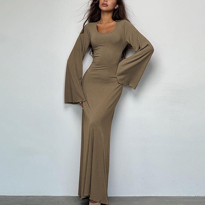 Autumn Women Clothing Casual Slim Fit Slit Street Stretch Knit Ribbed Sexy Long Sleeve Wrap Bandage Bodycon Casual Dress