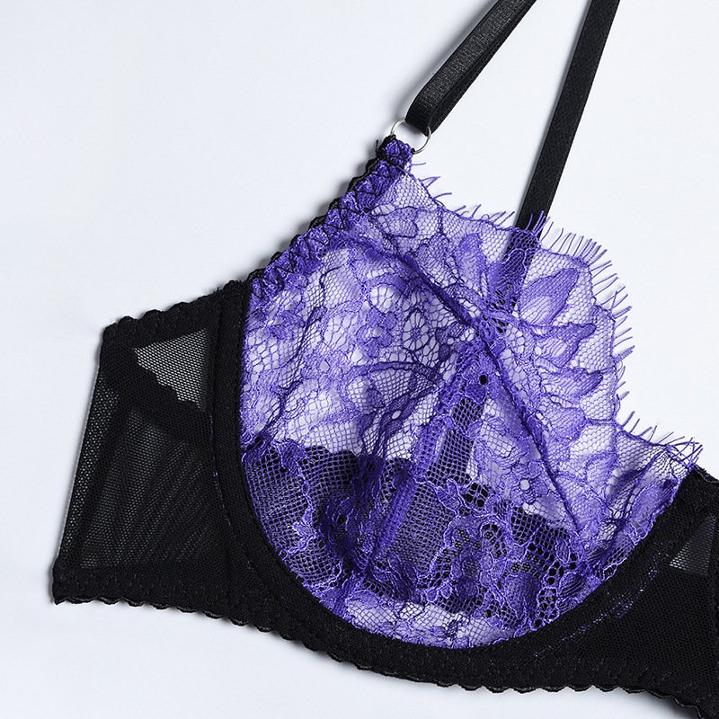 Valentine Lingerie Sexy 4 Piece Hot Lace Bra Panty Set Delicate Purple Elegant Funny Transparent Erotic Women Underwear for Girl
