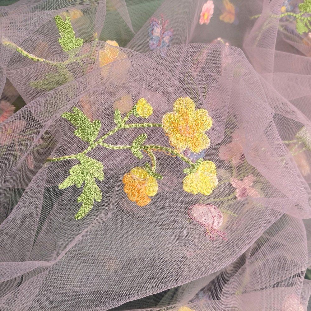 Green Pink Mesh Flowers Pattern Cotton Flat Embroidered Knit Lace Fabric Wholesale Usual Tulle Garment Popular Nylon for Women