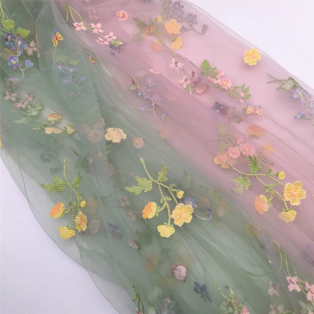 Green Pink Mesh Flowers Pattern Cotton Flat Embroidered Knit Lace Fabric Wholesale Usual Tulle Garment Popular Nylon for Women