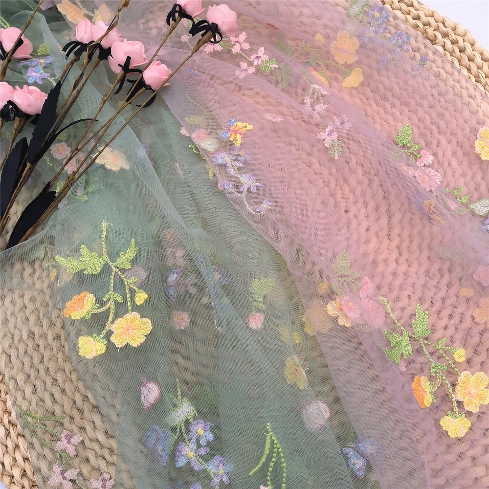 Green Pink Mesh Flowers Pattern Cotton Flat Embroidered Knit Lace Fabric Wholesale Usual Tulle Garment Popular Nylon for Women