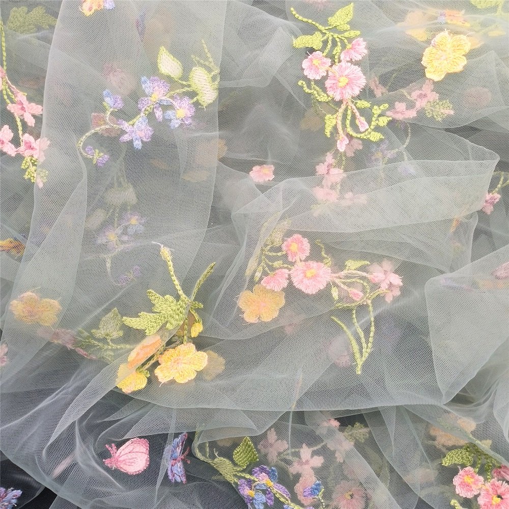Green Pink Mesh Flowers Pattern Cotton Flat Embroidered Knit Lace Fabric Wholesale Usual Tulle Garment Popular Nylon for Women