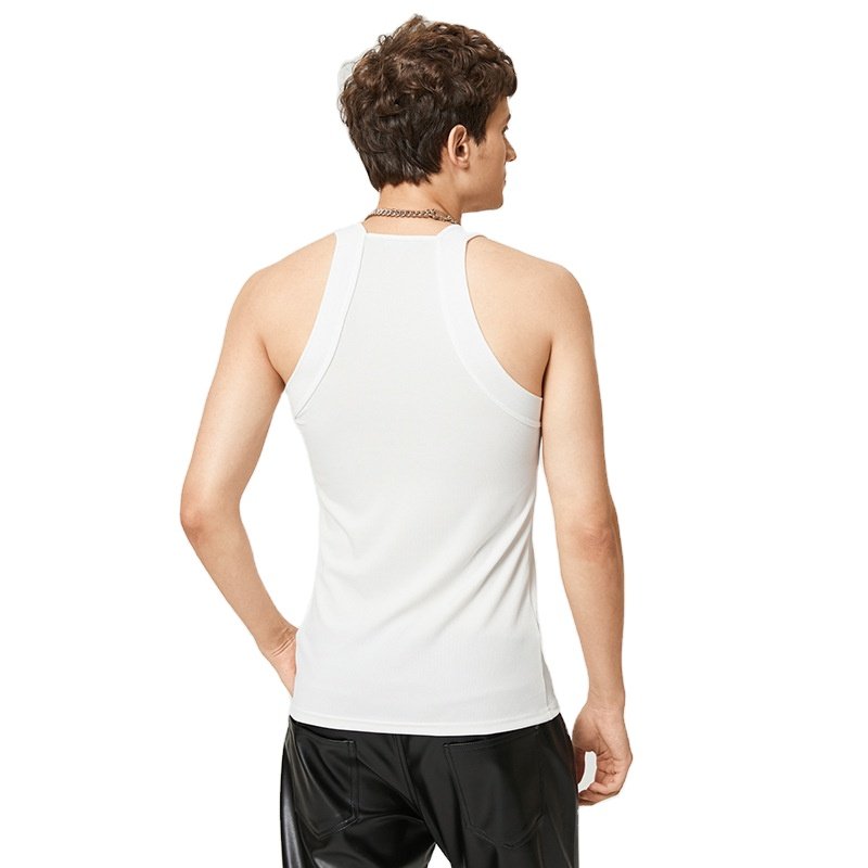 Custom Men Tank Tops Square Neck Sleeveless Solid Color Summer Casual Vests Fitness Hollow Streetwear Rib Men Vest Tank Tops