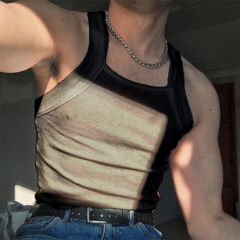 Custom Men Tank Tops Square Neck Sleeveless Solid Color Summer Casual Vests Fitness Hollow Streetwear Rib Men Vest Tank Tops