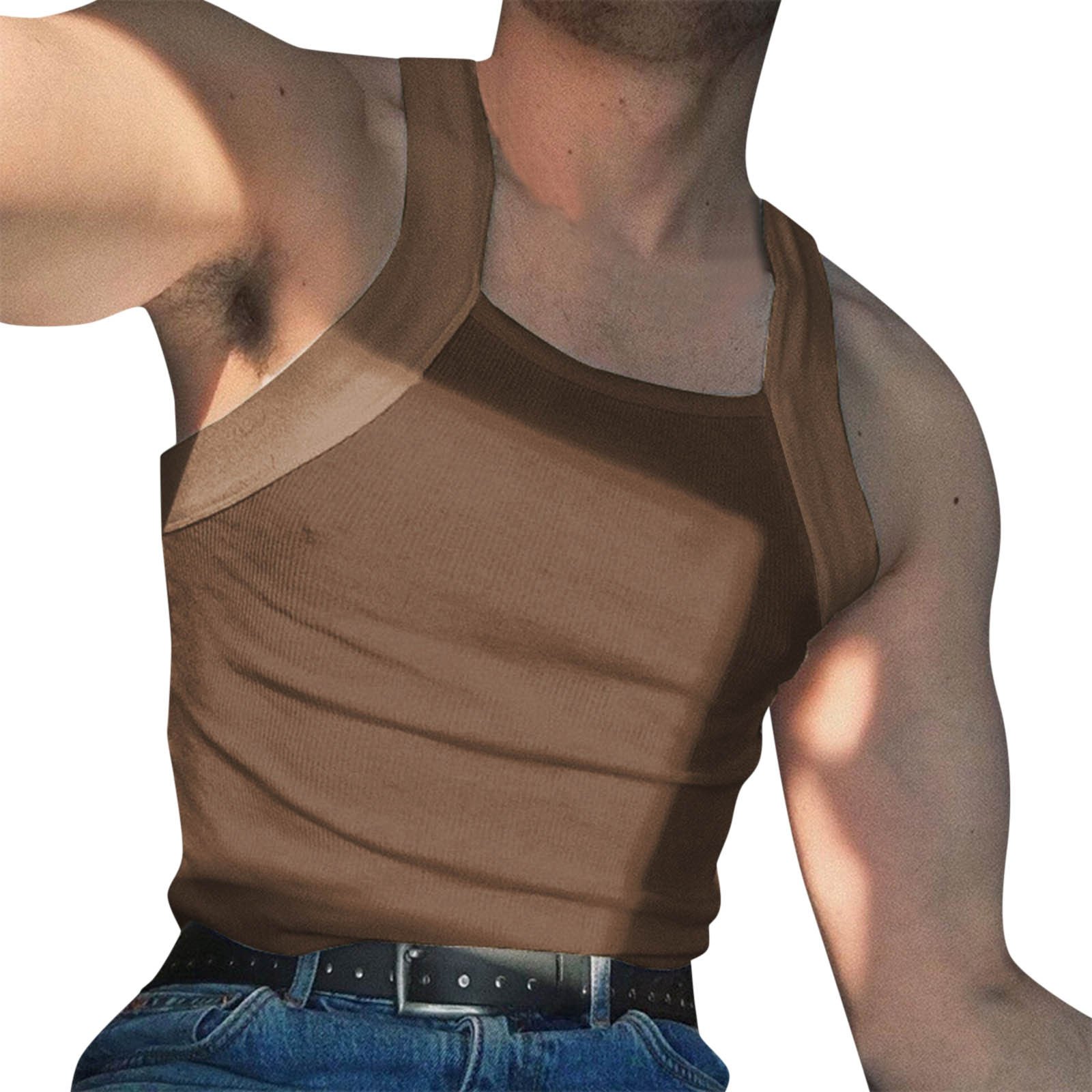 Custom Men Tank Tops Square Neck Sleeveless Solid Color Summer Casual Vests Fitness Hollow Streetwear Rib Men Vest Tank Tops