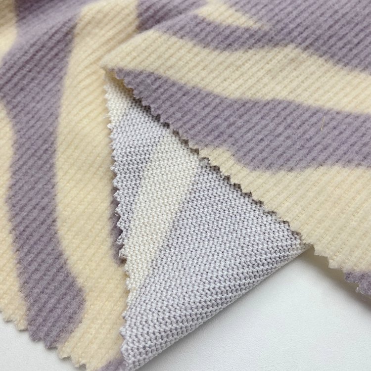 Warm 88% polyester 7% rayon 5% spandex custom digital printed 230GSM brushed rib hacci fabric for sweater