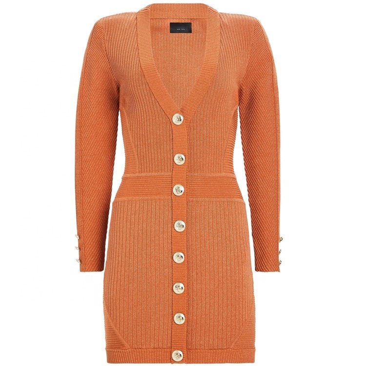 Knitwear manufacturer custom autumn winter V neck long sleeved ribbed knit women's sweater dress
