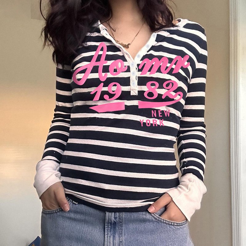 Letter printed breasted pullover stripe long sleeve shirt women personality slimming casual T-shirt