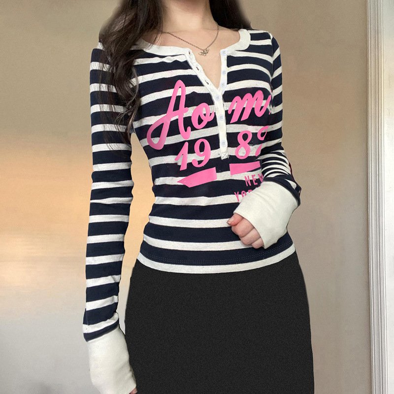 Letter printed breasted pullover stripe long sleeve shirt women personality slimming casual T-shirt
