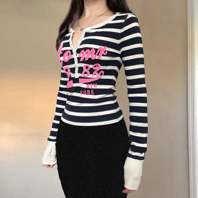 Letter printed breasted pullover stripe long sleeve shirt women personality slimming casual T-shirt