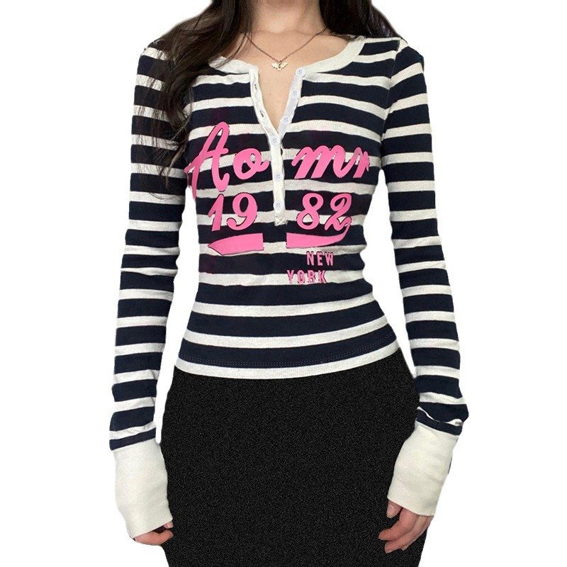 Letter printed breasted pullover stripe long sleeve shirt women personality slimming casual T-shirt