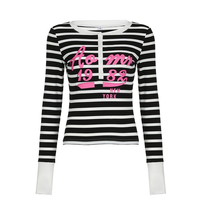 Letter printed breasted pullover stripe long sleeve shirt women personality slimming casual T-shirt