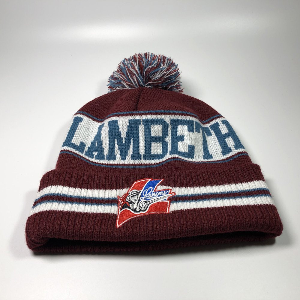 Custom beanies with pom pom embroidery logo Adults warm knitted ribbed cuff brim bobble hats Maroon jacquard pattern stripe caps