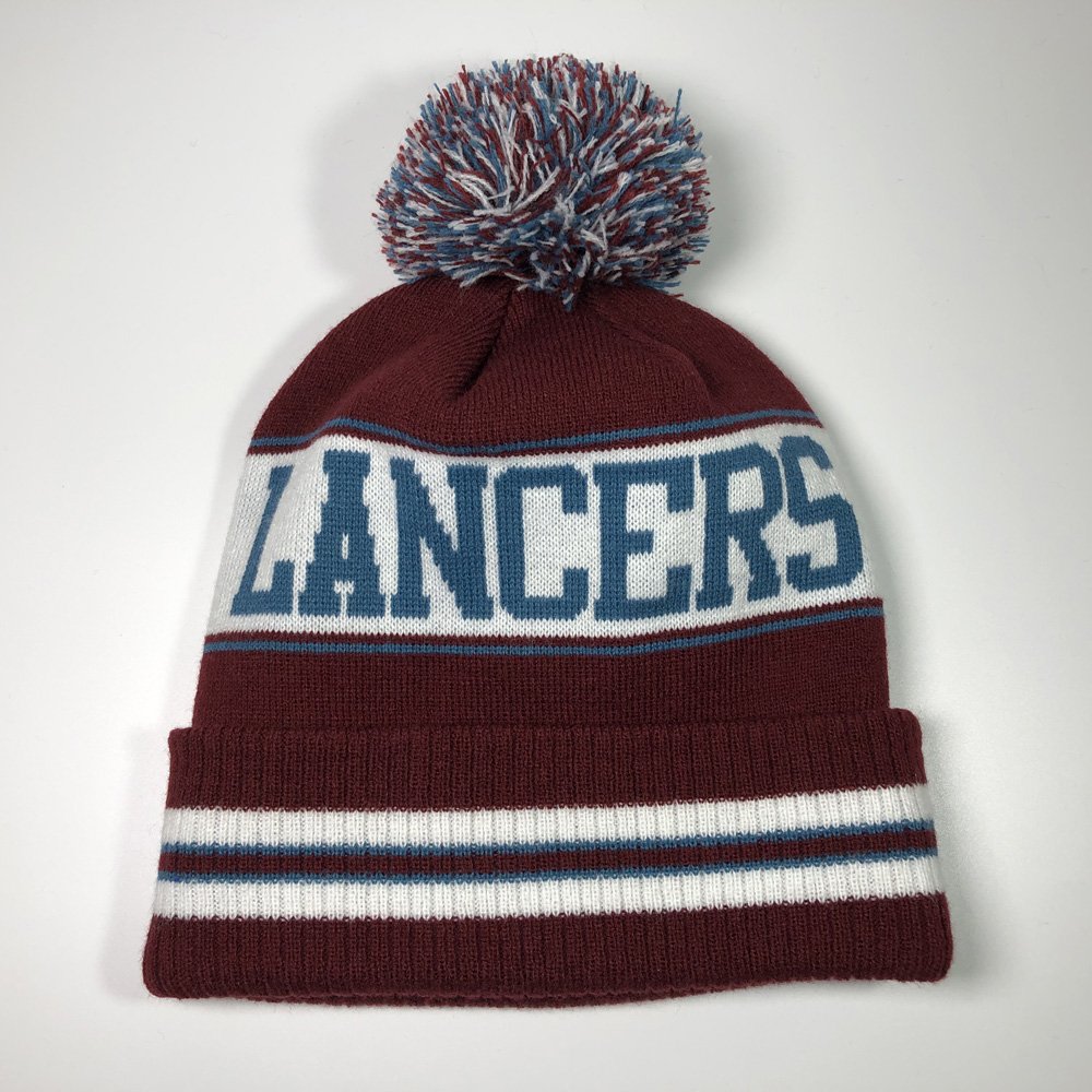 Custom beanies with pom pom embroidery logo Adults warm knitted ribbed cuff brim bobble hats Maroon jacquard pattern stripe caps