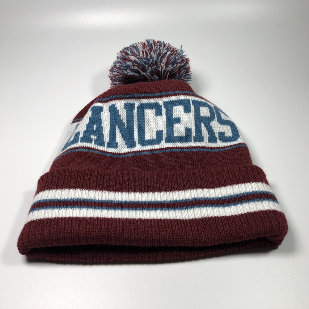 Custom beanies with pom pom embroidery logo Adults warm knitted ribbed cuff brim bobble hats Maroon jacquard pattern stripe caps