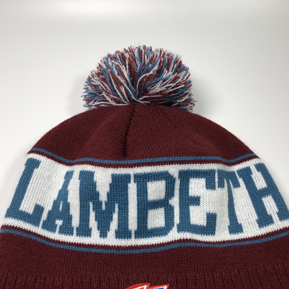 Custom beanies with pom pom embroidery logo Adults warm knitted ribbed cuff brim bobble hats Maroon jacquard pattern stripe caps