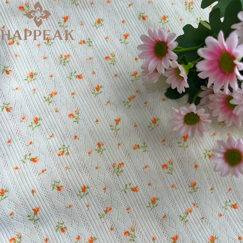 HAPPEAK Stretch Spandex Pointelle Rib Knit Fabric Custom Flower Print Poly Cotton Pointelle Knitted Fabric