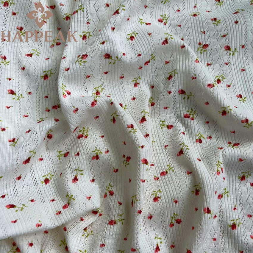 HAPPEAK Stretch Spandex Pointelle Rib Knit Fabric Custom Flower Print Poly Cotton Pointelle Knitted Fabric