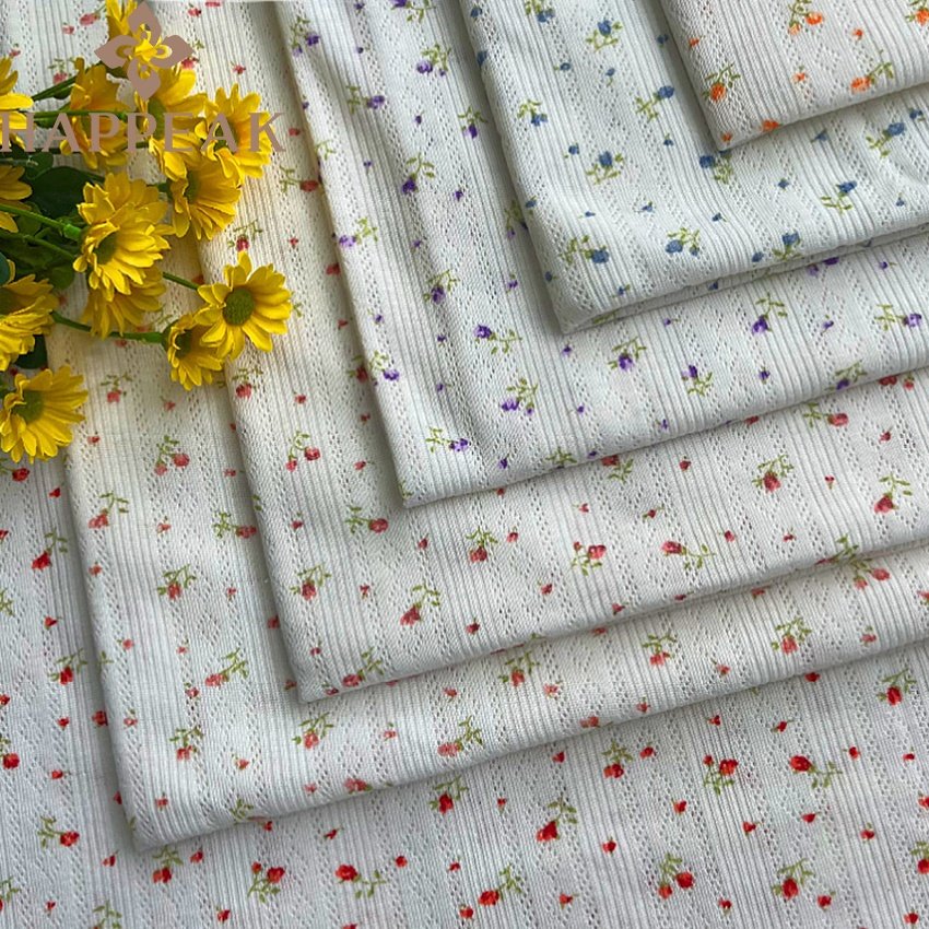 HAPPEAK Stretch Spandex Pointelle Rib Knit Fabric Custom Flower Print Poly Cotton Pointelle Knitted Fabric