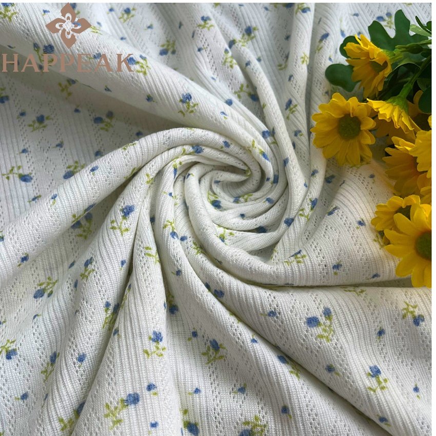 HAPPEAK Stretch Spandex Pointelle Rib Knit Fabric Custom Flower Print Poly Cotton Pointelle Knitted Fabric