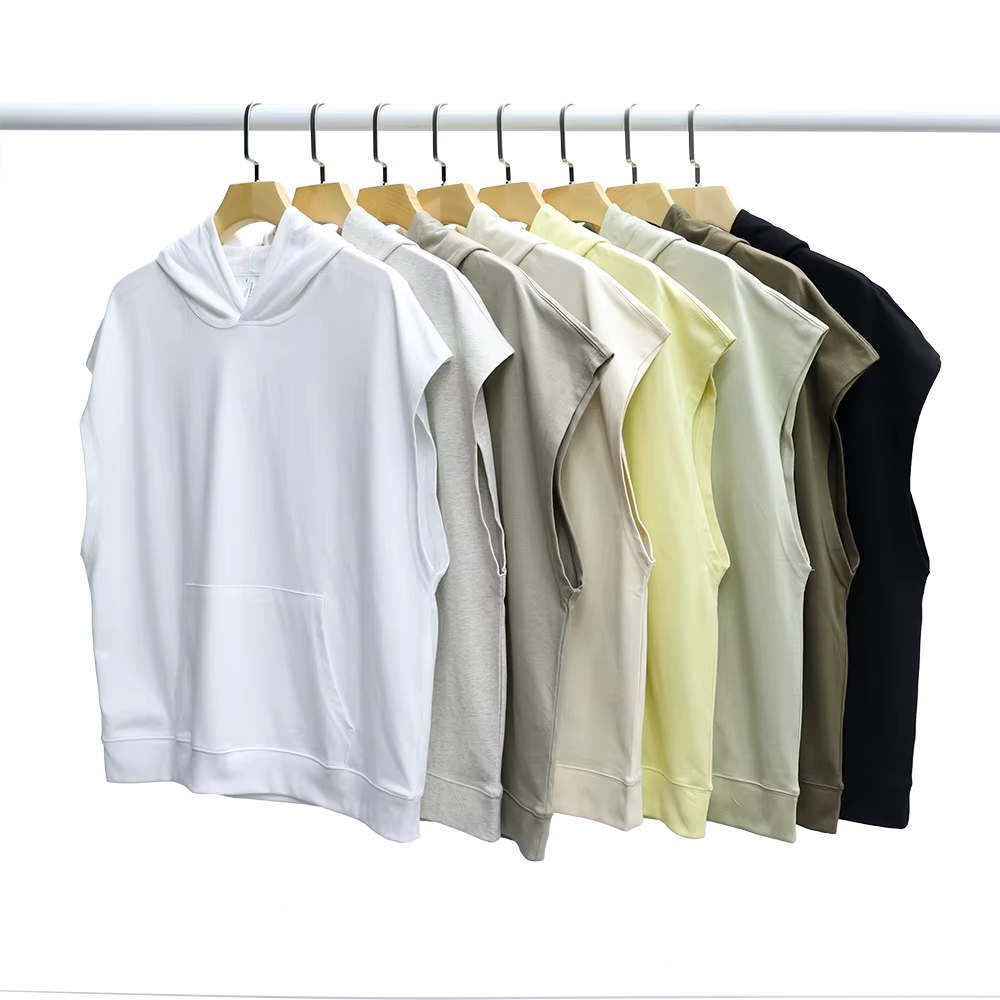 Sleeveless Oversize hoodie with adjustable hood and no sleeves Front pouch pocket Ribbed tank tops