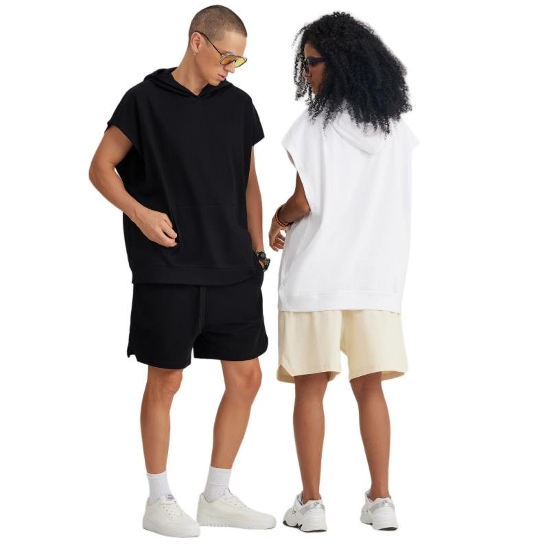 Sleeveless Oversize hoodie with adjustable hood and no sleeves Front pouch pocket Ribbed tank tops