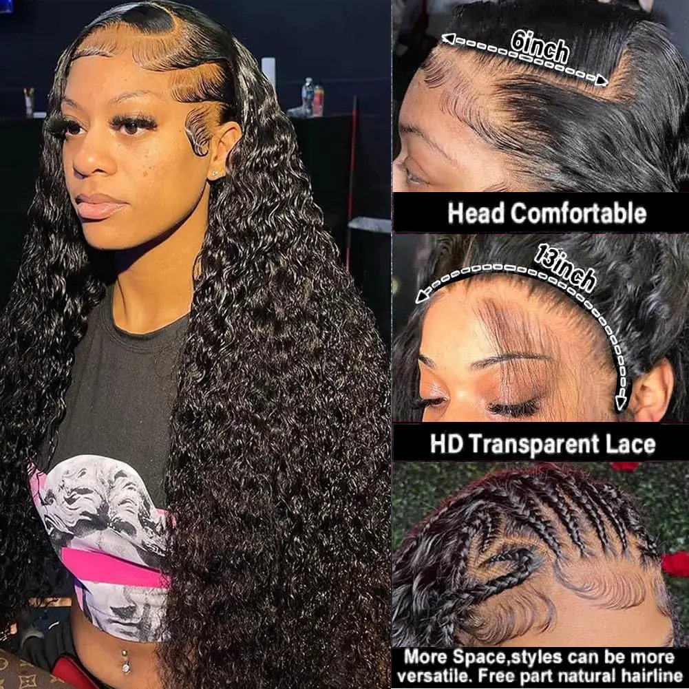 Deep Wave Lace Front Wig Human Hair 13x4 180% Density Transparent Lace Frontal Wigs Deep Curly Lace Front Human Hair Wig