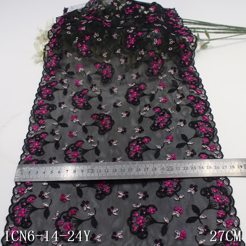 Width 27cm colorful polyester spandex elastic bra lace trim pink embroidery lace fabric for underwear decorations