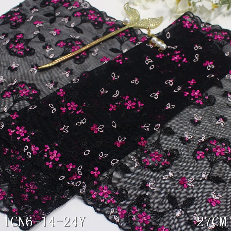 Width 27cm colorful polyester spandex elastic bra lace trim pink embroidery lace fabric for underwear decorations