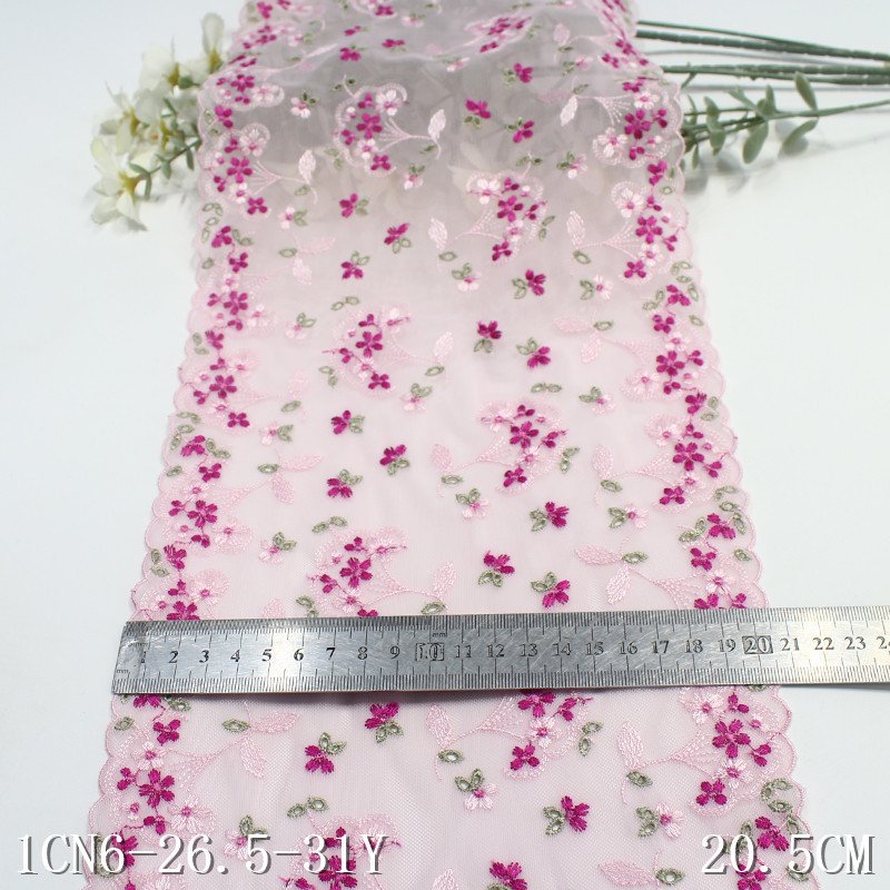 Width 27cm colorful polyester spandex elastic bra lace trim pink embroidery lace fabric for underwear decorations