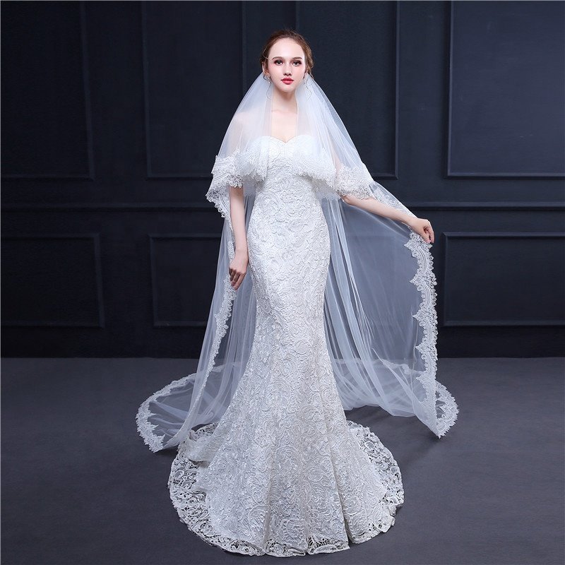 Cheerfeel VE364 two Layers Ivory Wedding Veil embroidery Bridal Veil lace edge mantilla veil