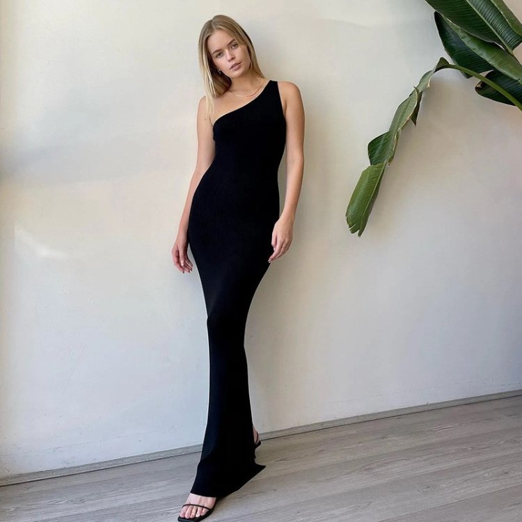 Enyami Elegant Summer Backless White Guest Dress One Shoulder Women Slit Ribbed Bodycon Maxi Party Dress
