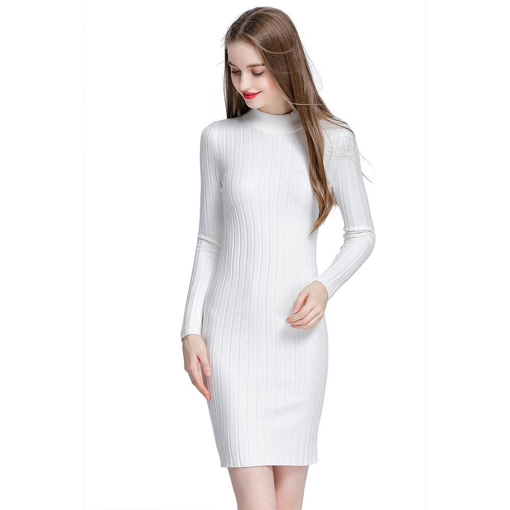 2022 New Arrival Knitted clothing suppliers knitted round neck custom long sleeve dress Women rib knitted bodycon sweater dress