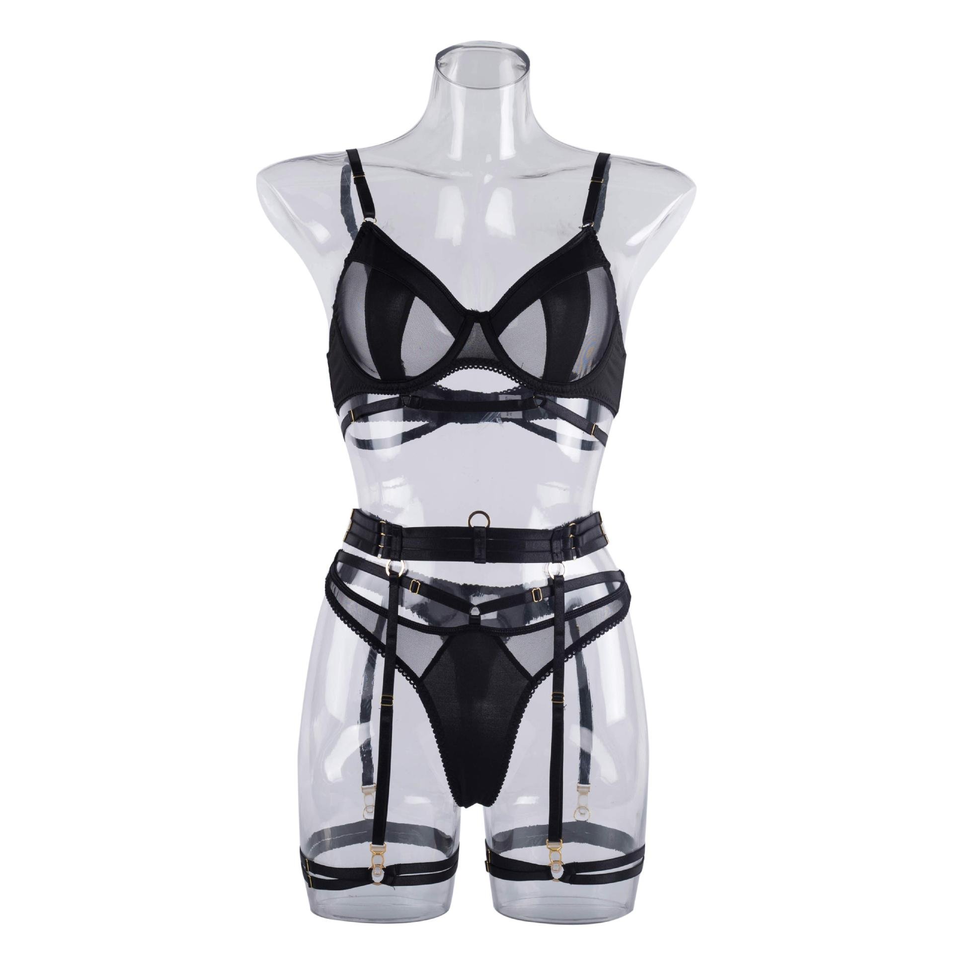 4pcs See Through Bondage Lingerie Sexy Lingerie Lace Bra and Panty Garters Private Label Black Transparent Women Lingeries Lace