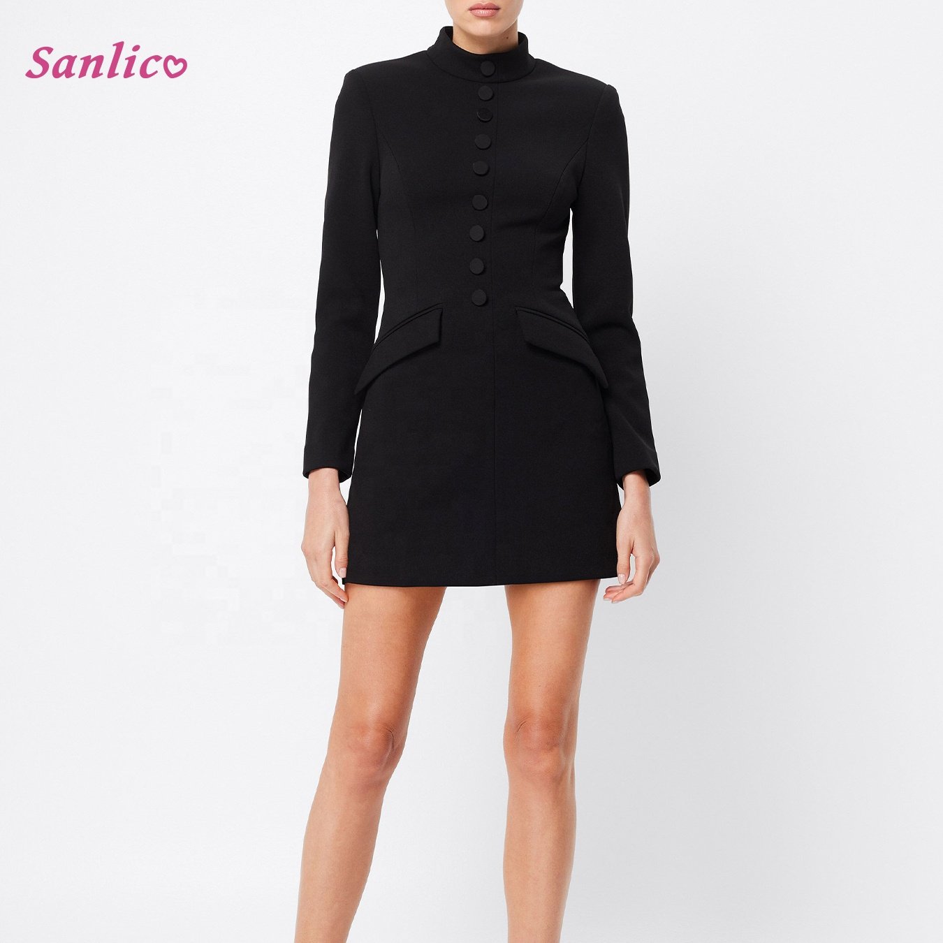 Women's Long Sleeve Dress Mock Neck Basic Ribbed Slim Fit Padded Shoulder Casual Bodycon Mini Dresses with Pockets