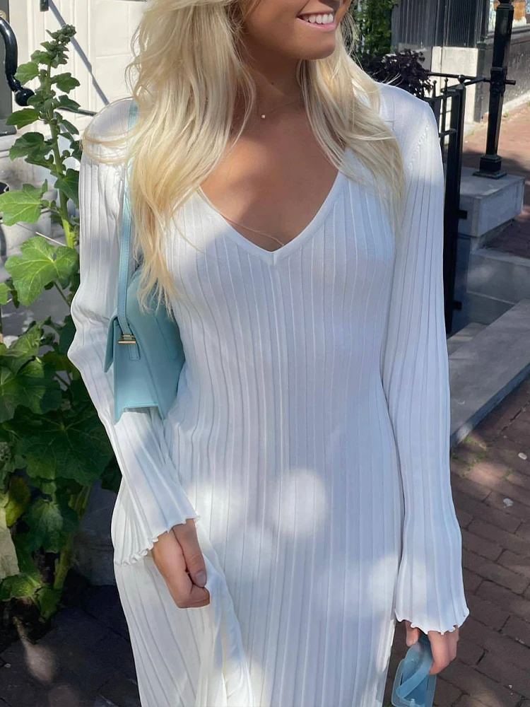 Autumn Winter Knitted V-neck Casual Ladies Ribbed Maxi Robe Elegant Women Pleated Long Dress