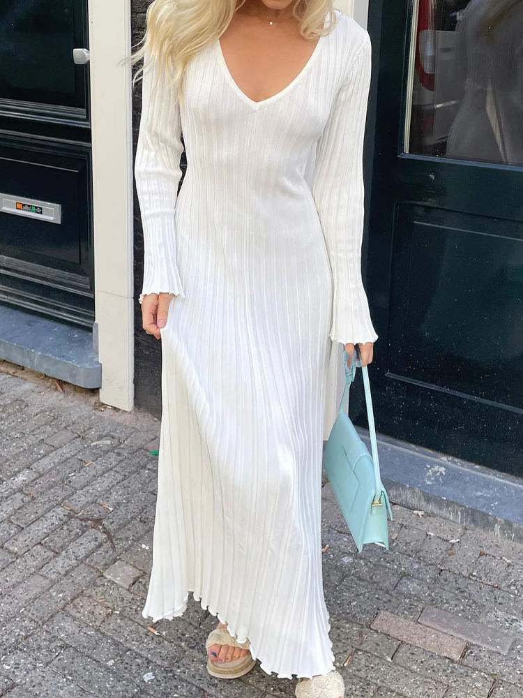 Autumn Winter Knitted V-neck Casual Ladies Ribbed Maxi Robe Elegant Women Pleated Long Dress