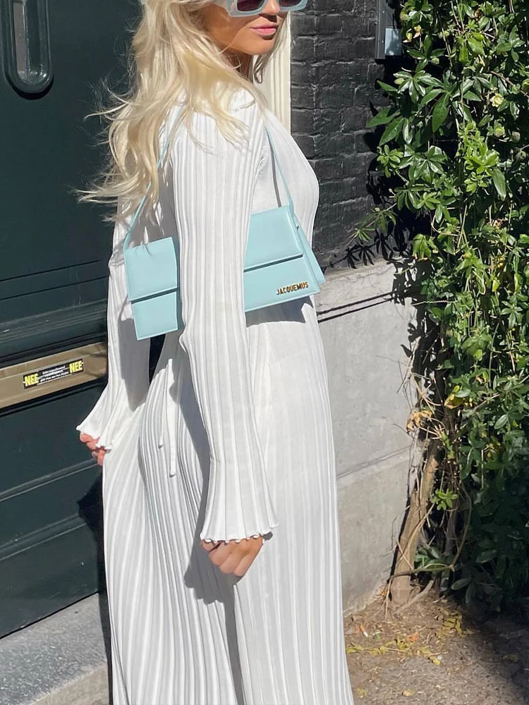 Autumn Winter Knitted V-neck Casual Ladies Ribbed Maxi Robe Elegant Women Pleated Long Dress