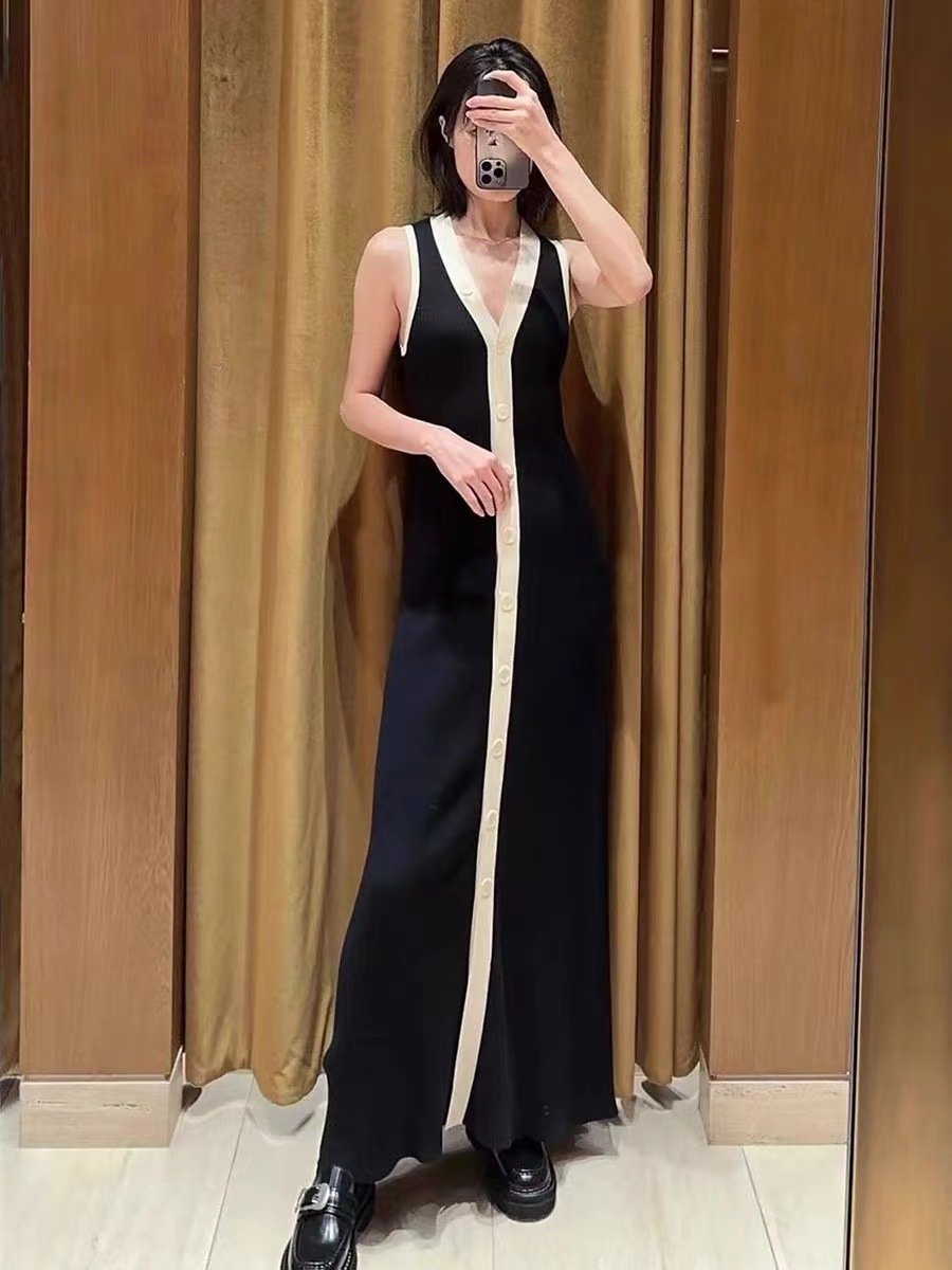 One Piece MOQ Autumn V-neck Sleeveless Single Summer Breasted Ribbed Maxi Long Dress For Women