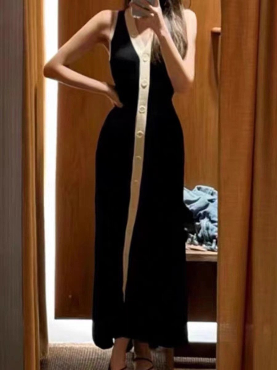 One Piece MOQ Autumn V-neck Sleeveless Single Summer Breasted Ribbed Maxi Long Dress For Women