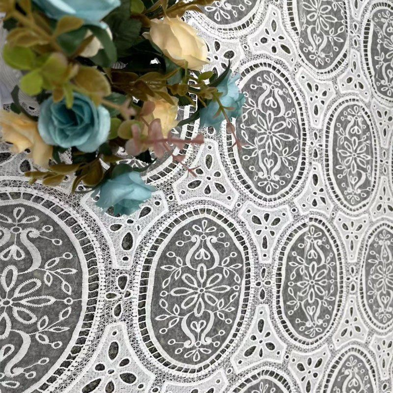 Wholesale Embroidery Lace Fabric Organza Polyester Hole Big Circle Openwork Lace Fabric for Table Cloth