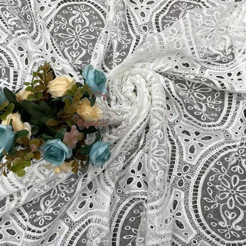 Wholesale Embroidery Lace Fabric Organza Polyester Hole Big Circle Openwork Lace Fabric for Table Cloth