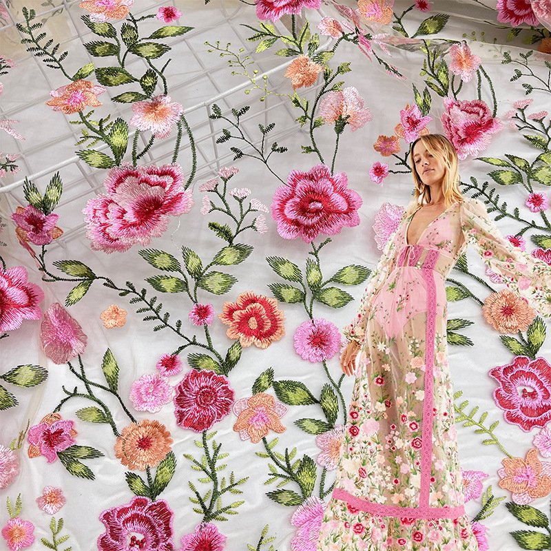 Width 130 cm Polyester colorful rose Embroidery fabric aquatic plant Mesh tulle Lace Fabric for wedding Dress
