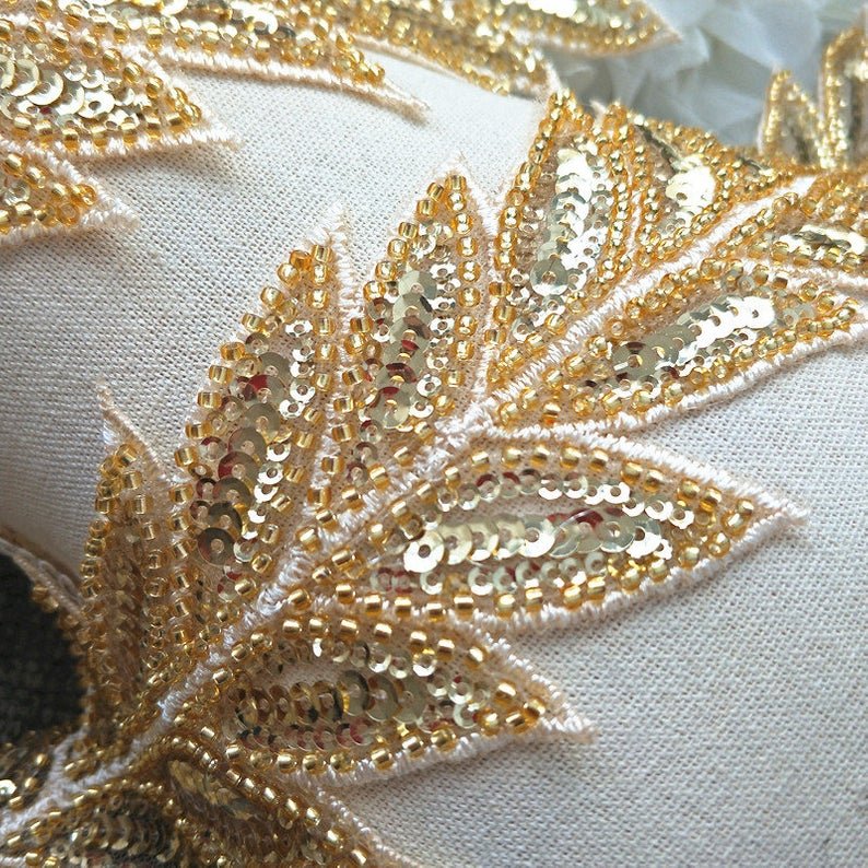 New ! Silver Beading Sequin 3D long leaf bridal Lace Applique Patch, Embroidered Appliques for Headwear,waist belt