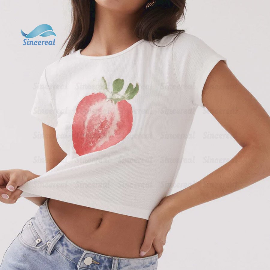 Custom Streetwear Y2K Sexy Club Tshirt Digital Printing Cotton Cropped Top rib Strawberry Shortcake Graphic Baby Tee for women