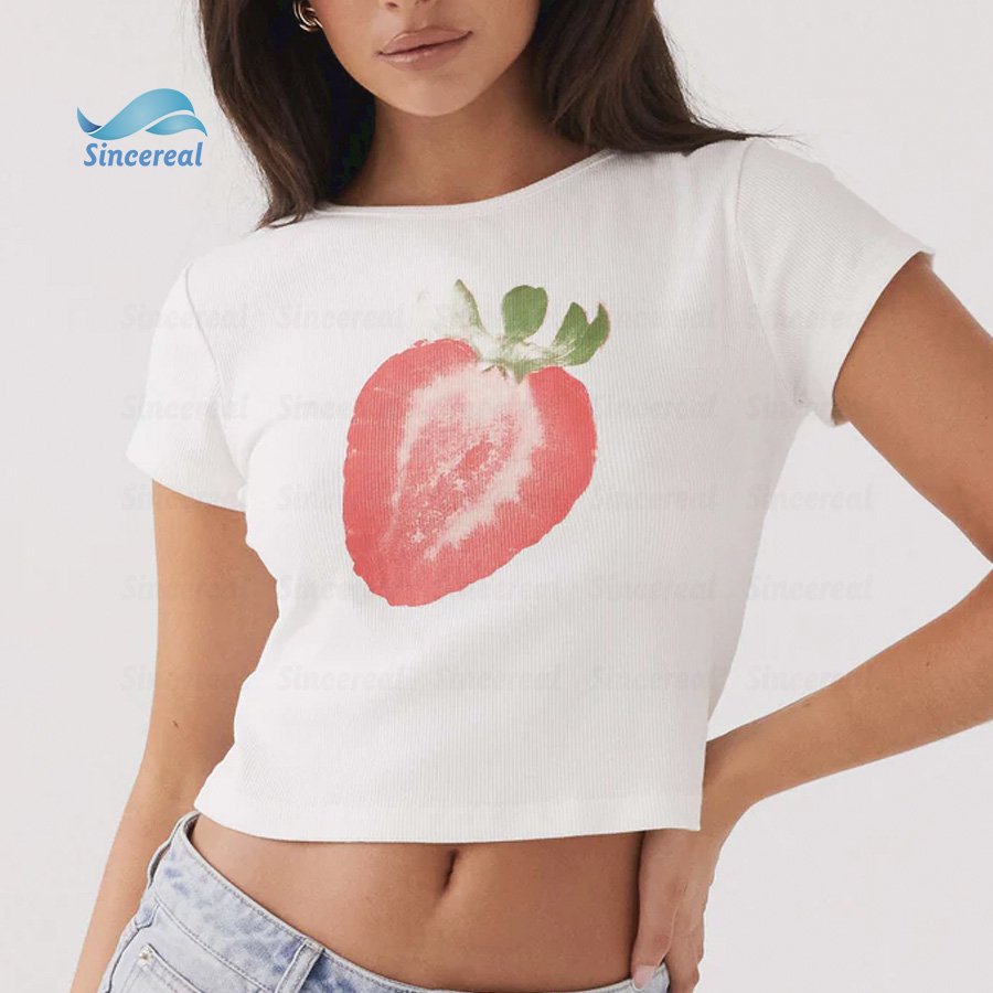 Custom Streetwear Y2K Sexy Club Tshirt Digital Printing Cotton Cropped Top rib Strawberry Shortcake Graphic Baby Tee for women