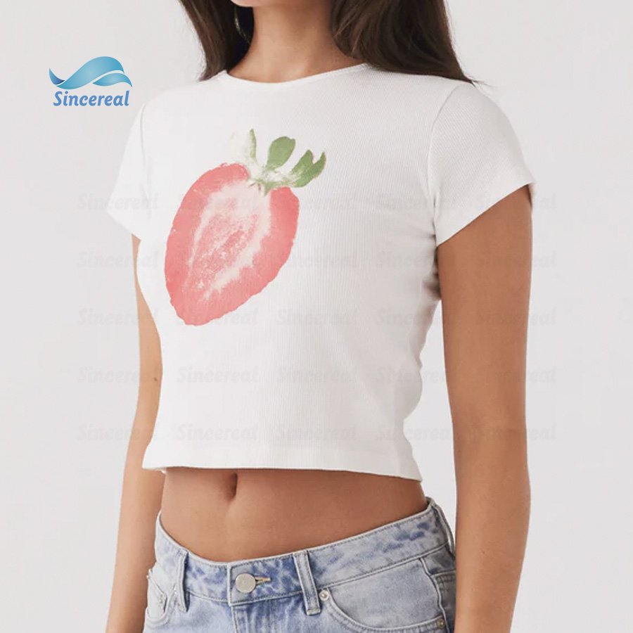 Custom Streetwear Y2K Sexy Club Tshirt Digital Printing Cotton Cropped Top rib Strawberry Shortcake Graphic Baby Tee for women