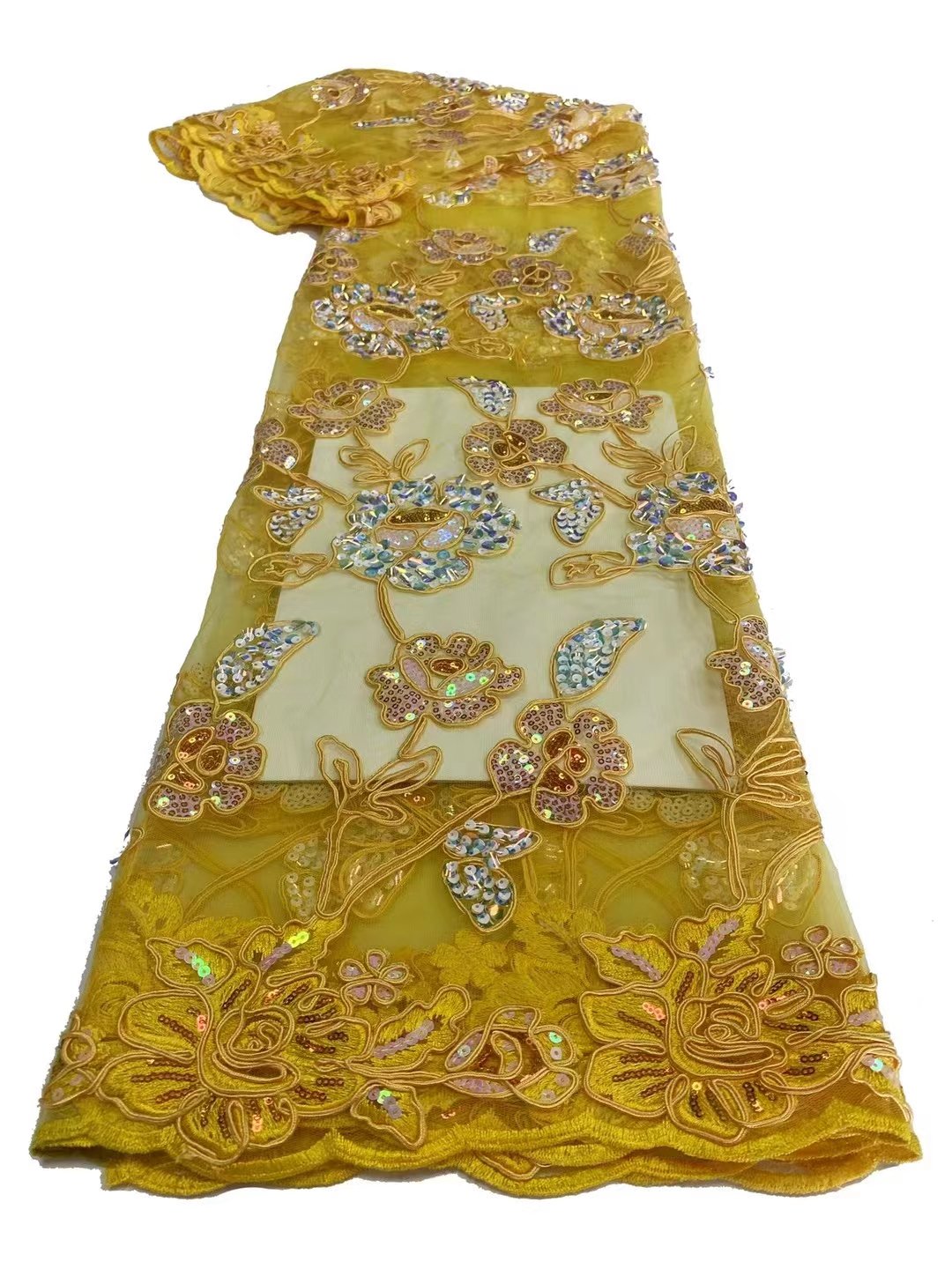 New Mesh Silk Multical Color Sequin Floret Leaves Embroidery Fabric European And American Popularity